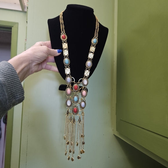 Statement Necklace Maximilism Jewelry Multicolor Stones Antique Gold Setting - Picture 5 of 7